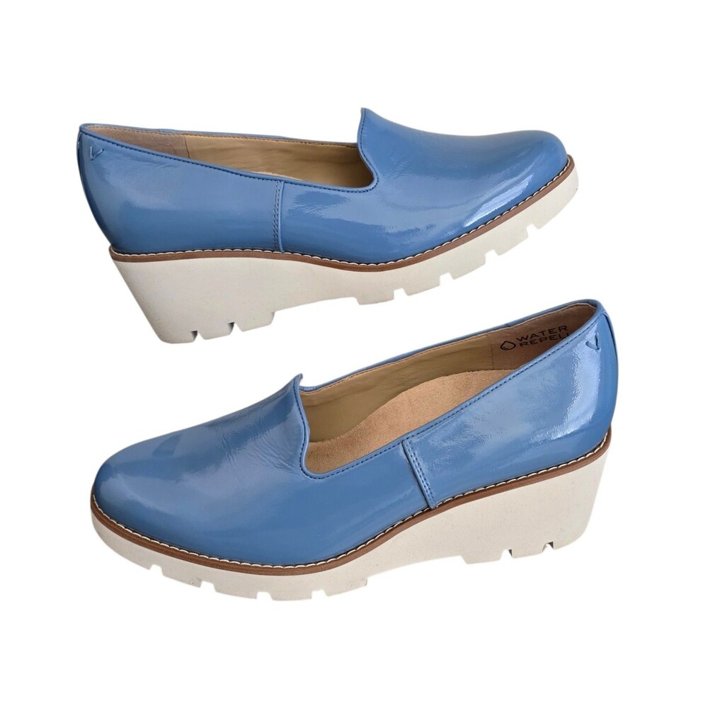 Vionic Willa Wedge Shoes Womens Size 9.5 Blue Patent Water Repellent Loafers